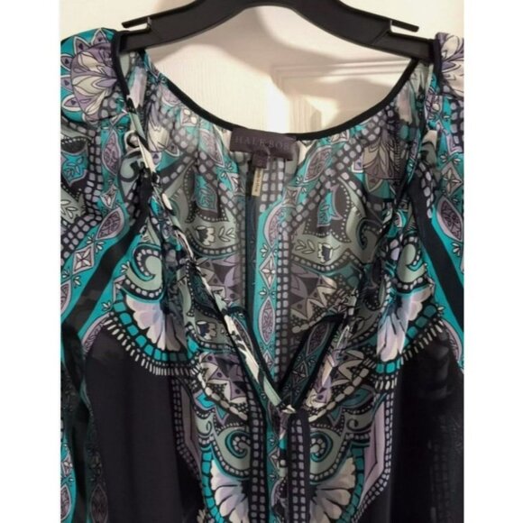 Hale Bob 100% Silk Chiffon Long Sleeve Boho Blouse Top SZ M Midnight Blue - Picture 2 of 4